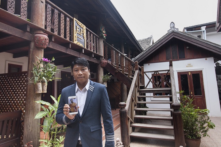 Mr Ninthala Keokhamphet, 39, and a photo of himself when he was a novice monk.